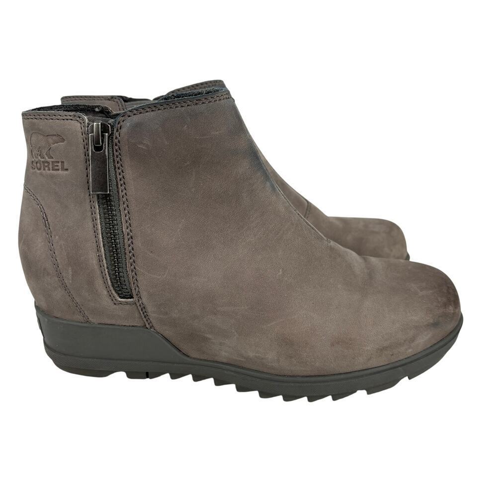 Sorel Wedge Ankle Boot Size 8.5 Gray Leather Side Zip Waterproof Joan of‎ Arctic